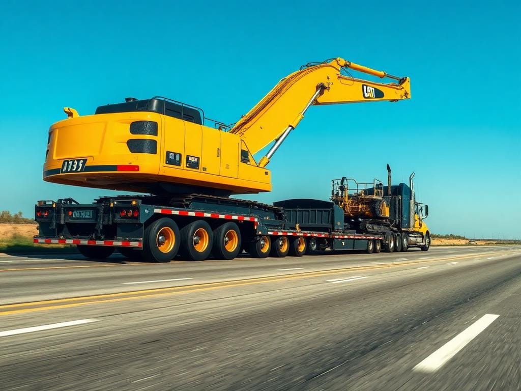 Lowboy trailer with dozer on the deck moving under an oversize-load banner — Bonafide lowboy heavy haul dispatch