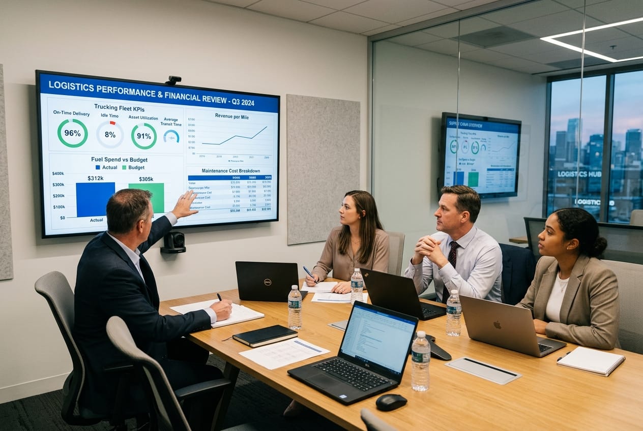 Logistics meeting analyzing carrier performance review screen
