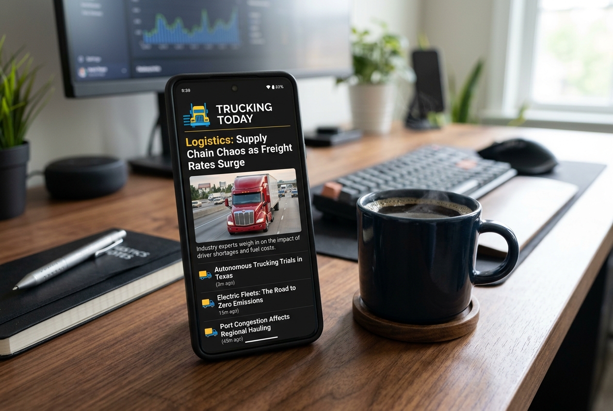 Smartphone displaying trucking industry news app