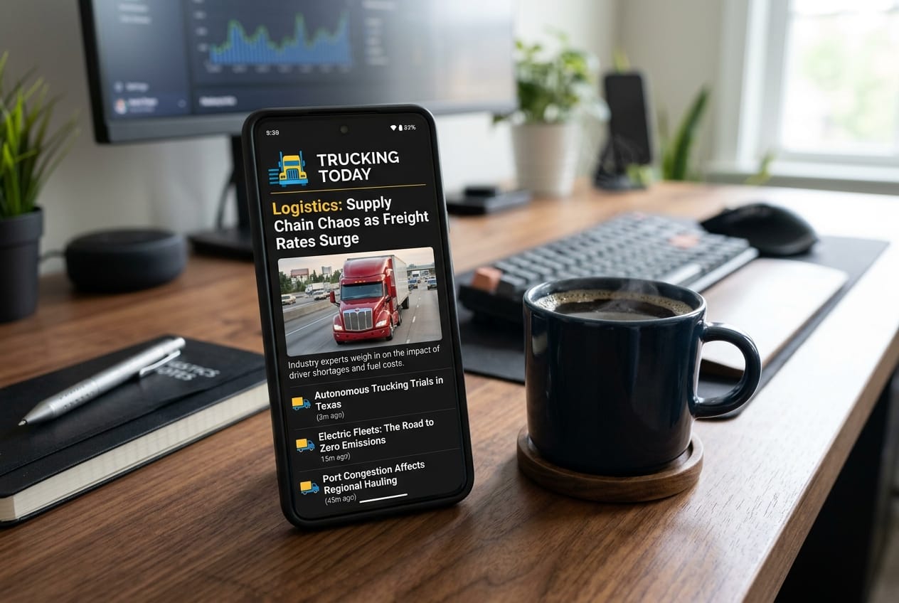 Smartphone displaying trucking industry news app