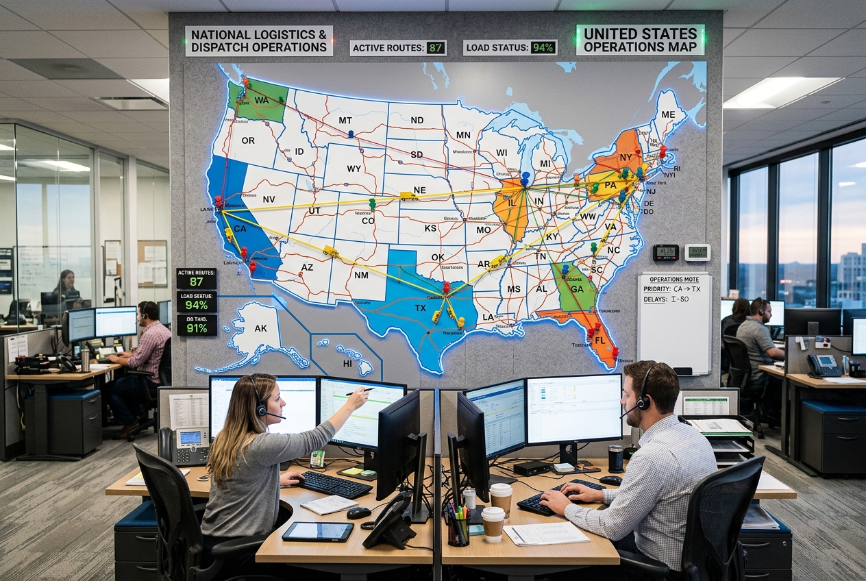 United States map showing pinned logistics hubs