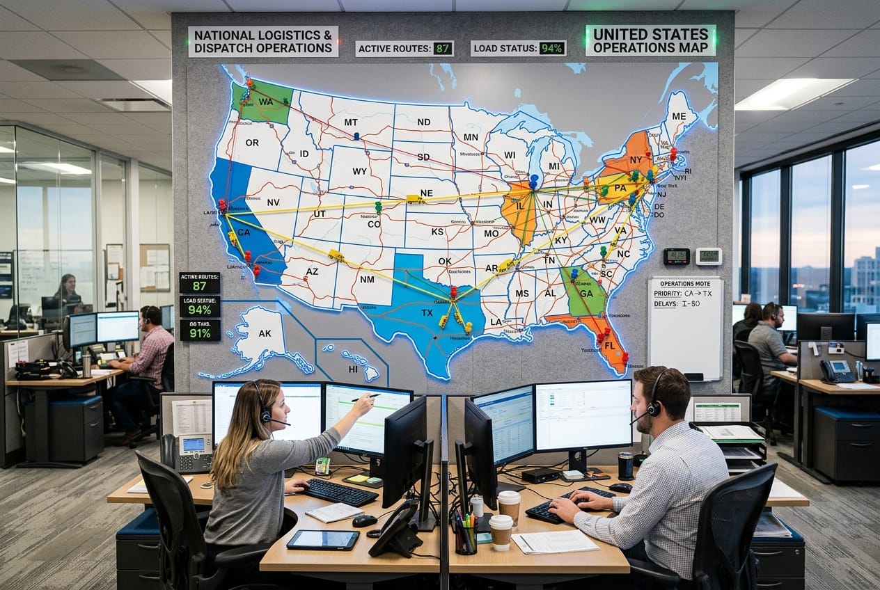 United States map showing pinned logistics hubs