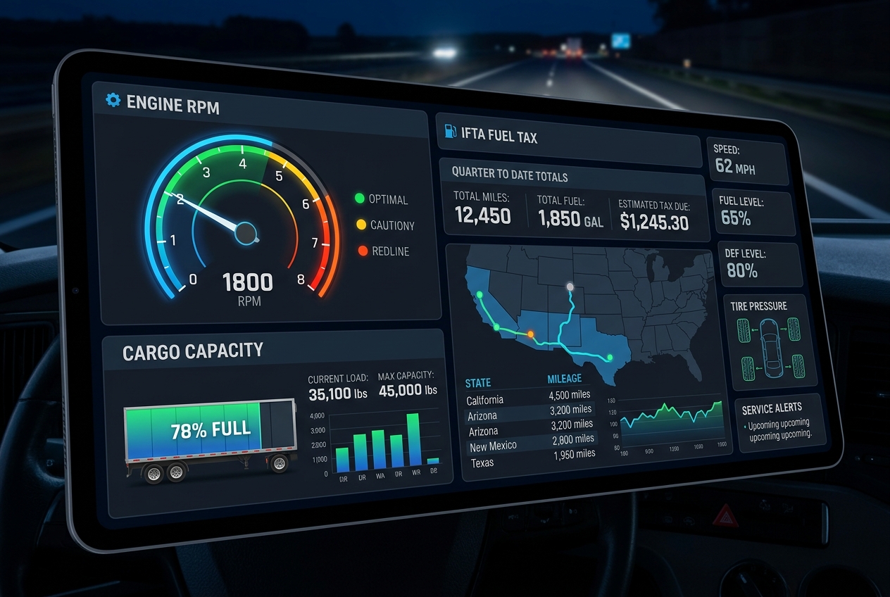 Digital screen showing RPM and IFTA fuel tax calculations