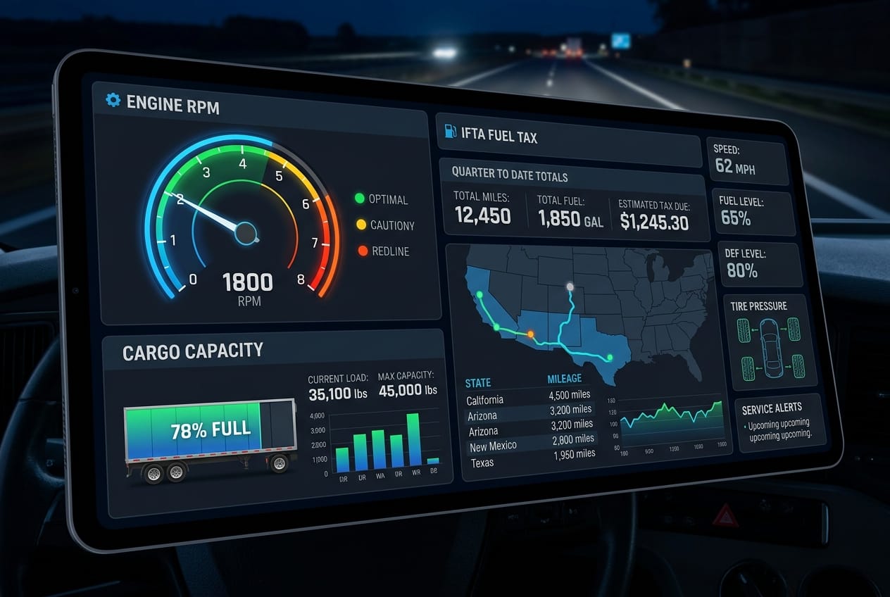 Digital screen showing RPM and IFTA fuel tax calculations