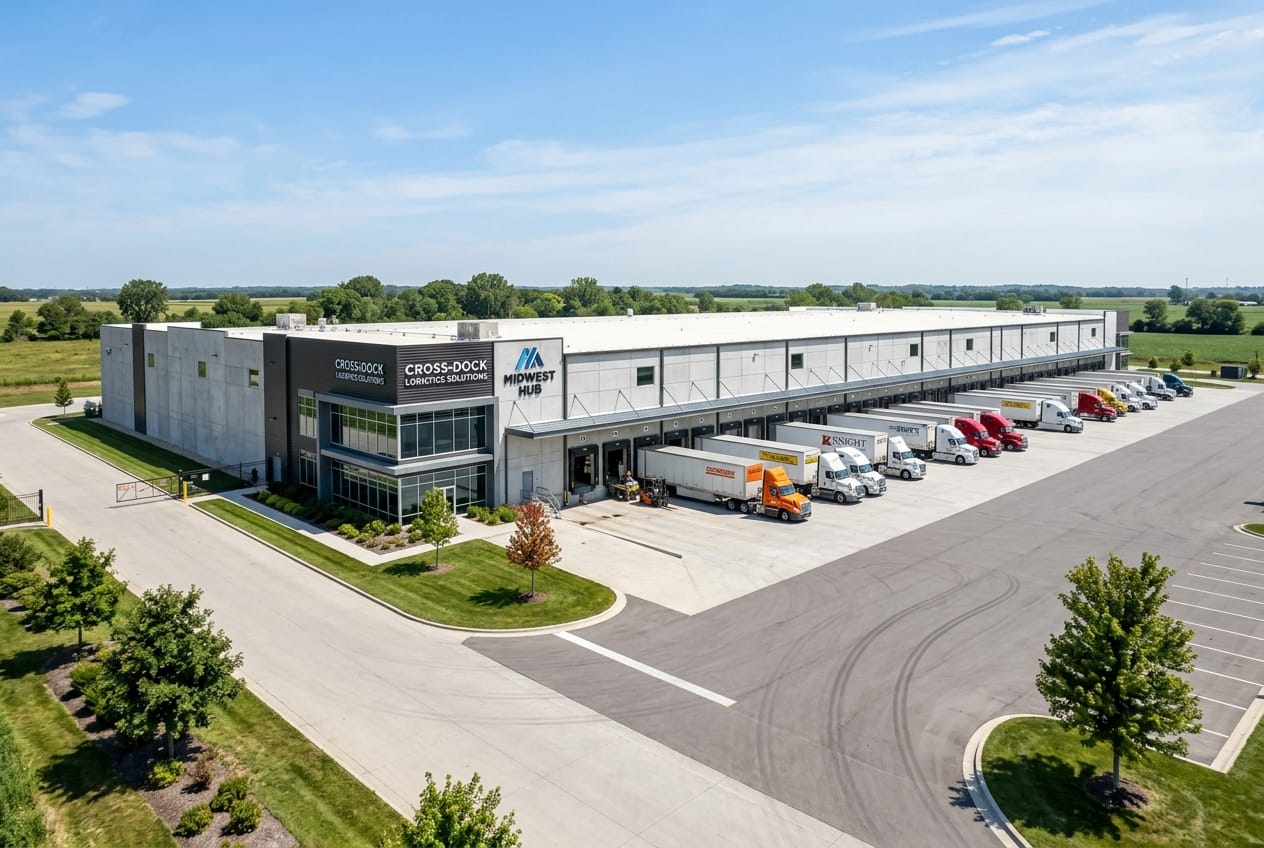 Modern commercial cross-docking logistics facility with fleet trucks parked