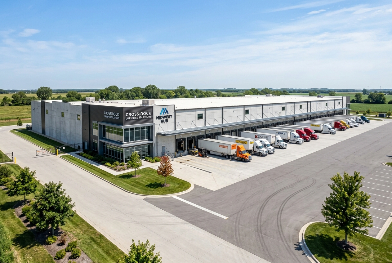 Modern commercial cross-docking logistics facility with fleet trucks parked