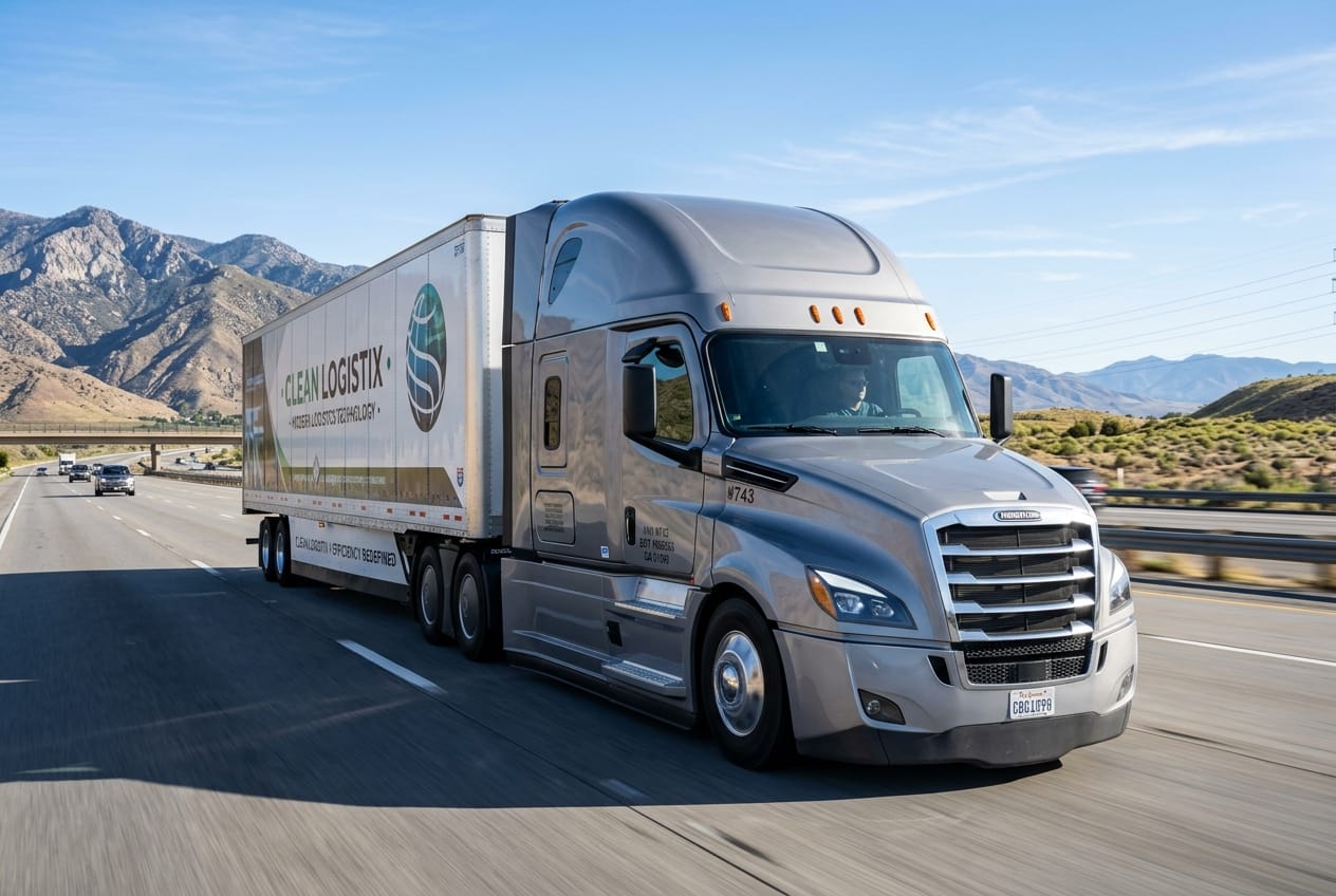 Sleek fuel-efficient commercial semi-truck driving on the open road
