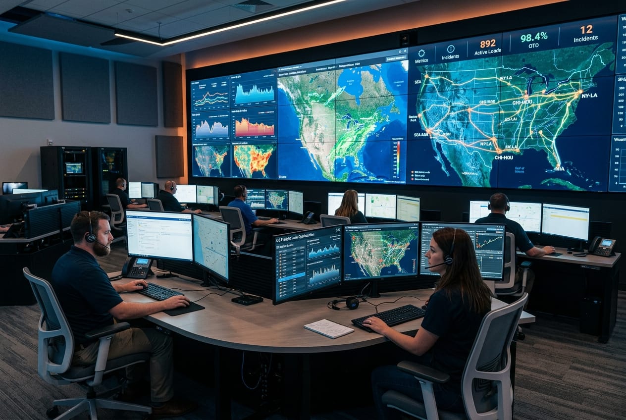 Modern logistics command center screens displaying real-time freight capacity