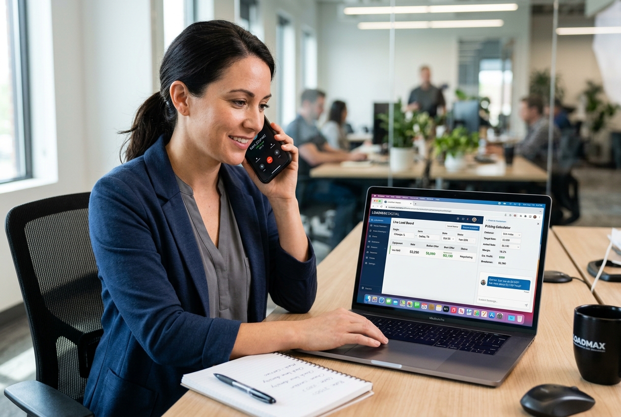 Freight broker negotiating spot market rates on laptop