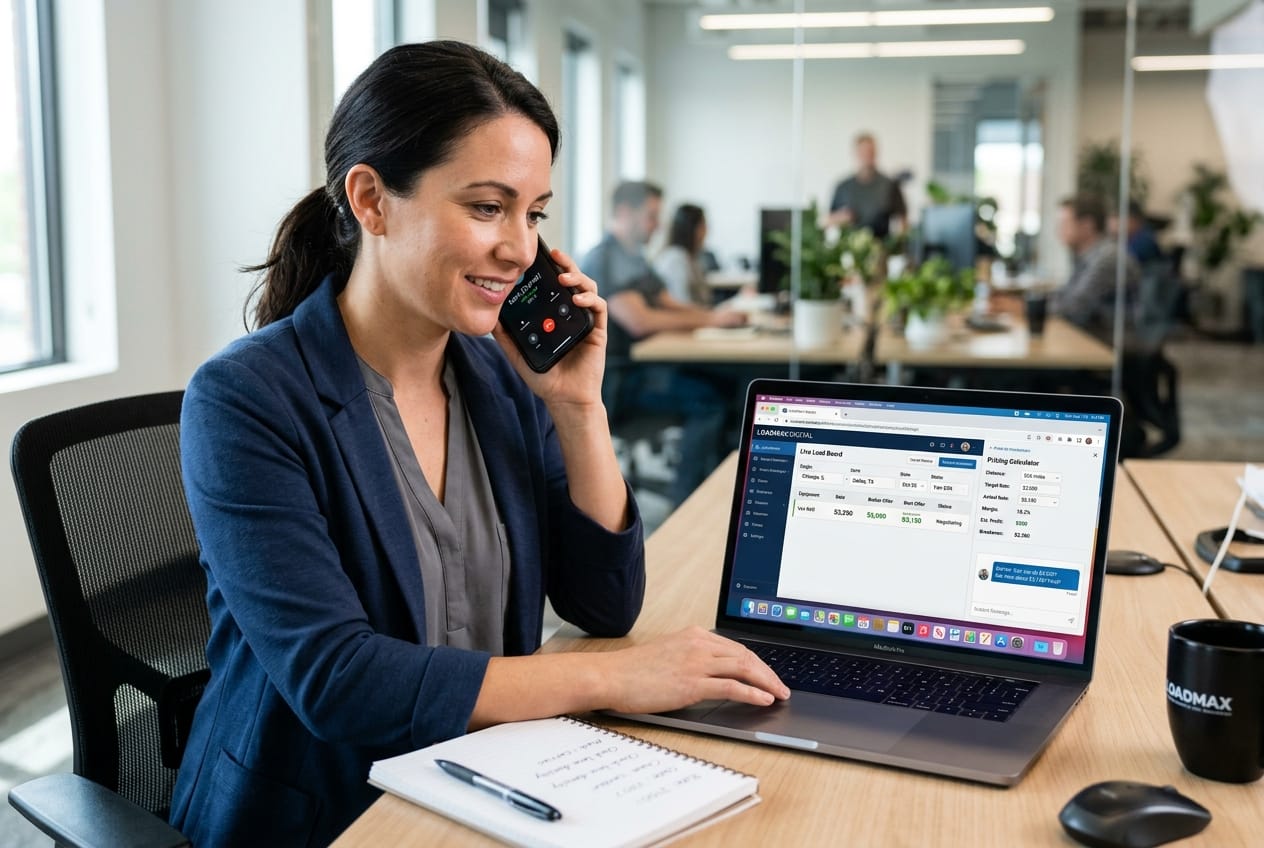 Freight broker negotiating spot market rates on laptop