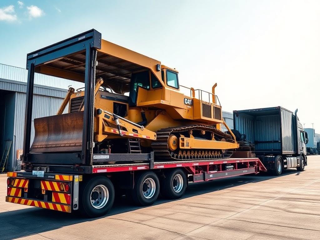 Removable gooseneck RGN trailer detached at the front for drive-on loading of a bulldozer — Bonafide RGN heavy haul dispatch