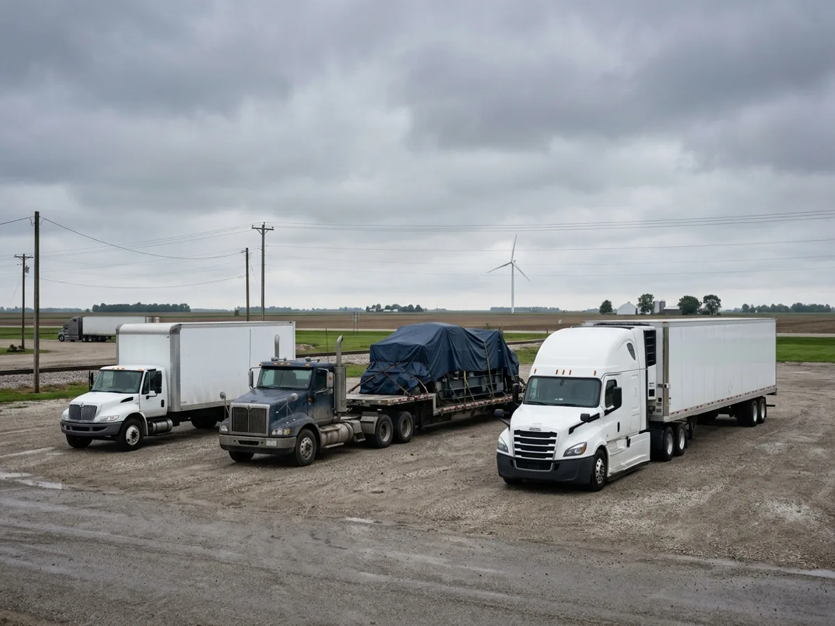 Box truck, flatbed, and reefer trailer at an Illinois truck stop