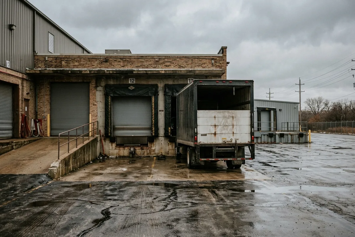 Box truck backed into a loading dock at a Chicago-area distribution building