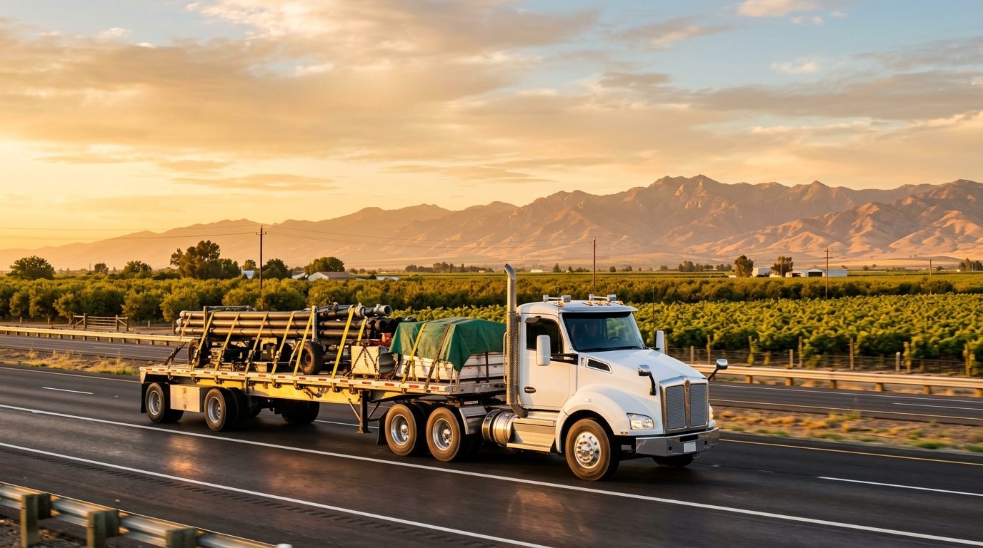 Flatbed truck traveling through California Central Valley near SR-99