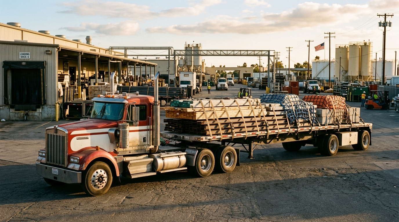Flatbed load of construction materials at a California industrial facility