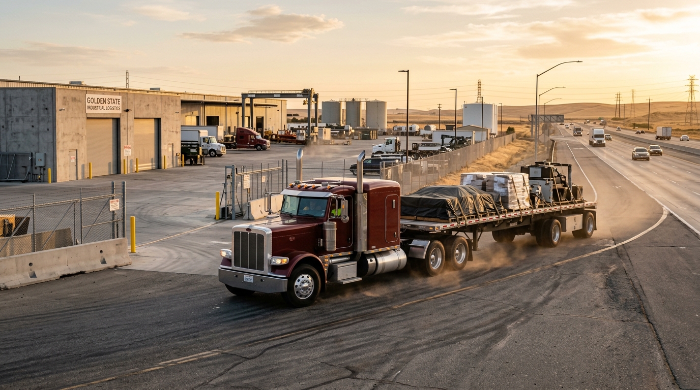 California flatbed truck leaving an industrial loading facility