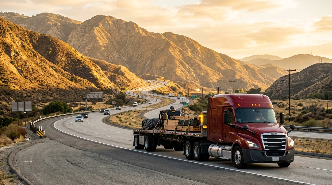 California flatbed truck traveling through Tejon Pass on I-5