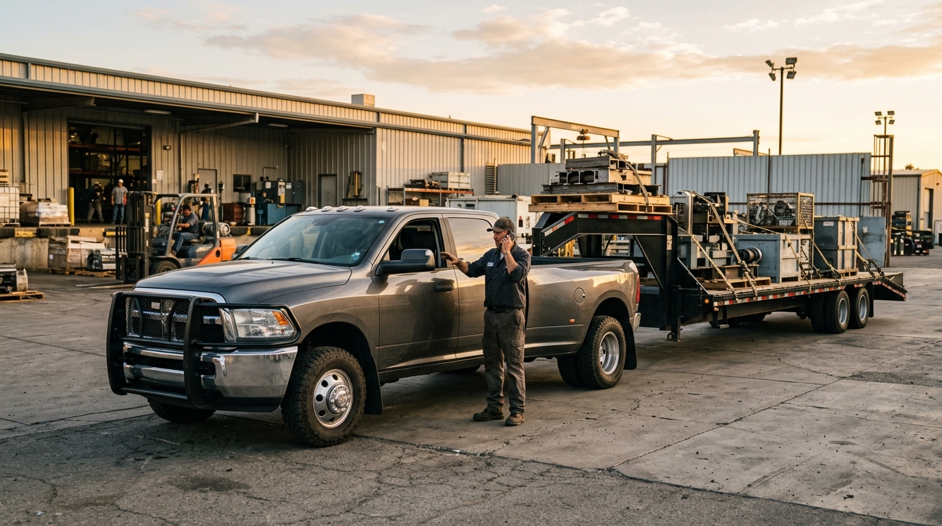 California hotshot driver coordinating freight beside a gooseneck trailer