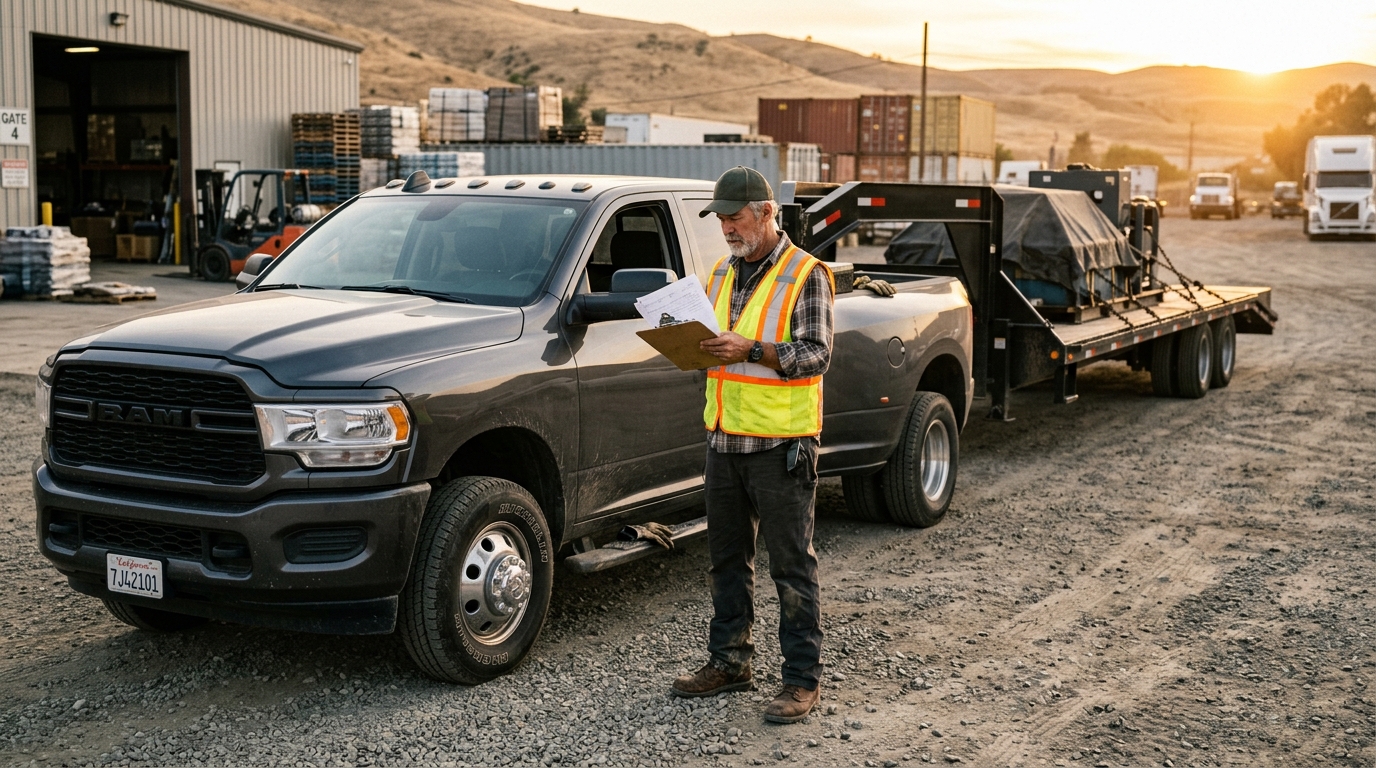 California owner-operator reviewing dispatch paperwork beside a hotshot truck