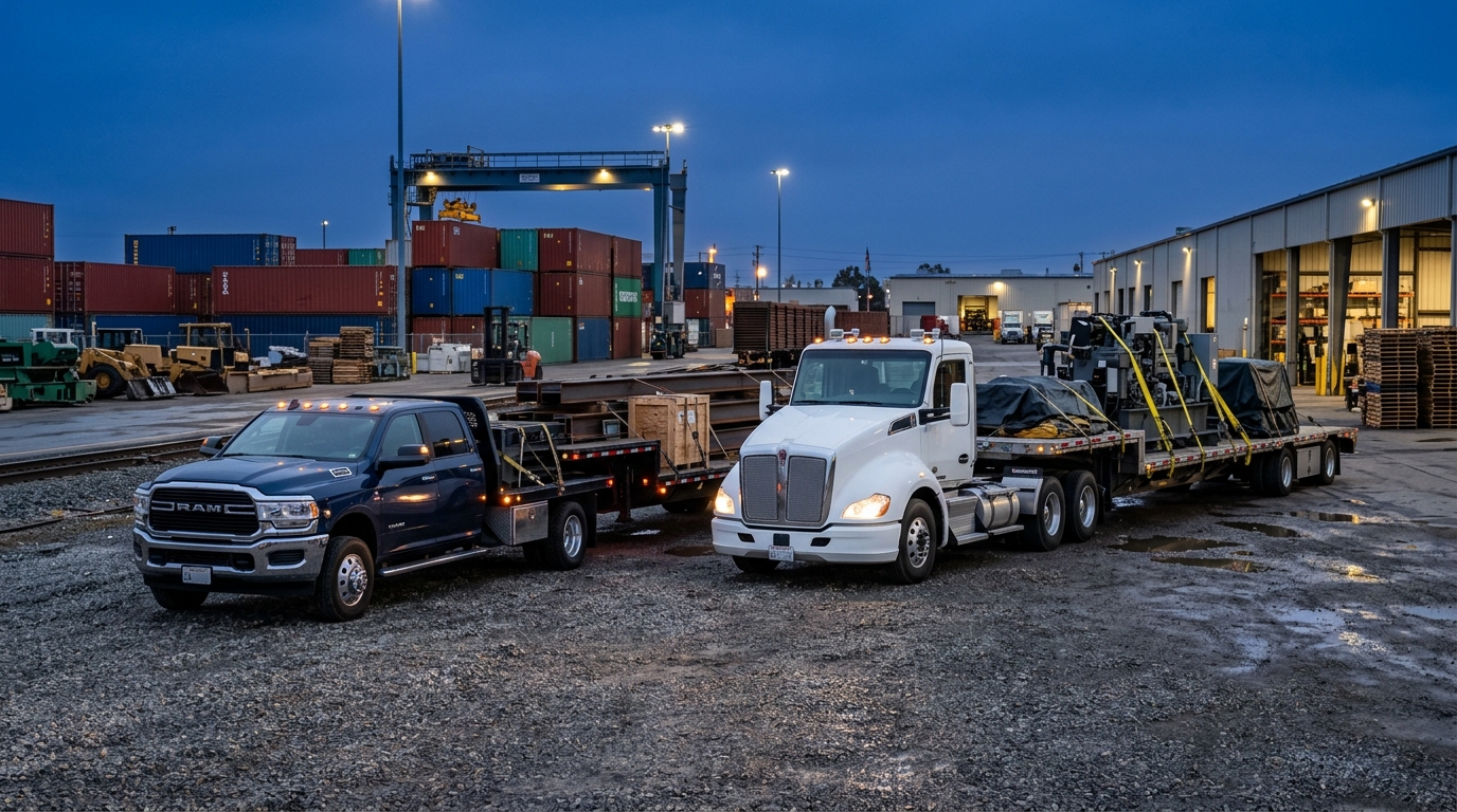Flatbed and hotshot trucks staged at a California freight yard