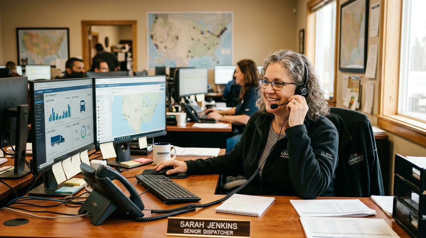 Bonafide Trucking Solutions dispatcher on the phone, ready to take your call and discuss truck dispatch services for your operation