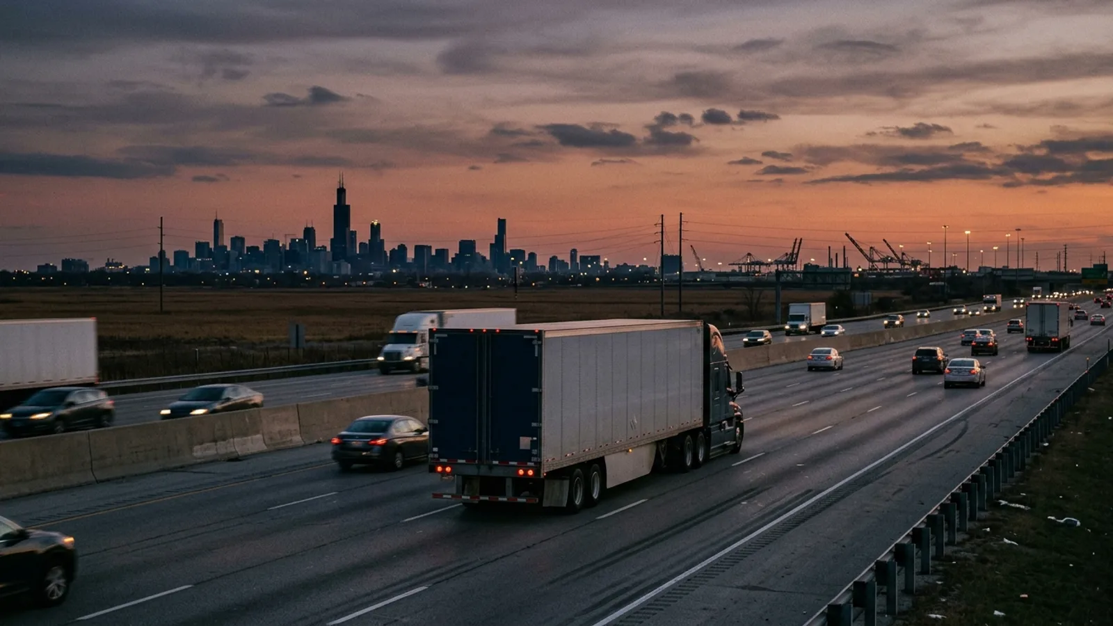 Dry van truck on an Illinois interstate at dusk near Chicago