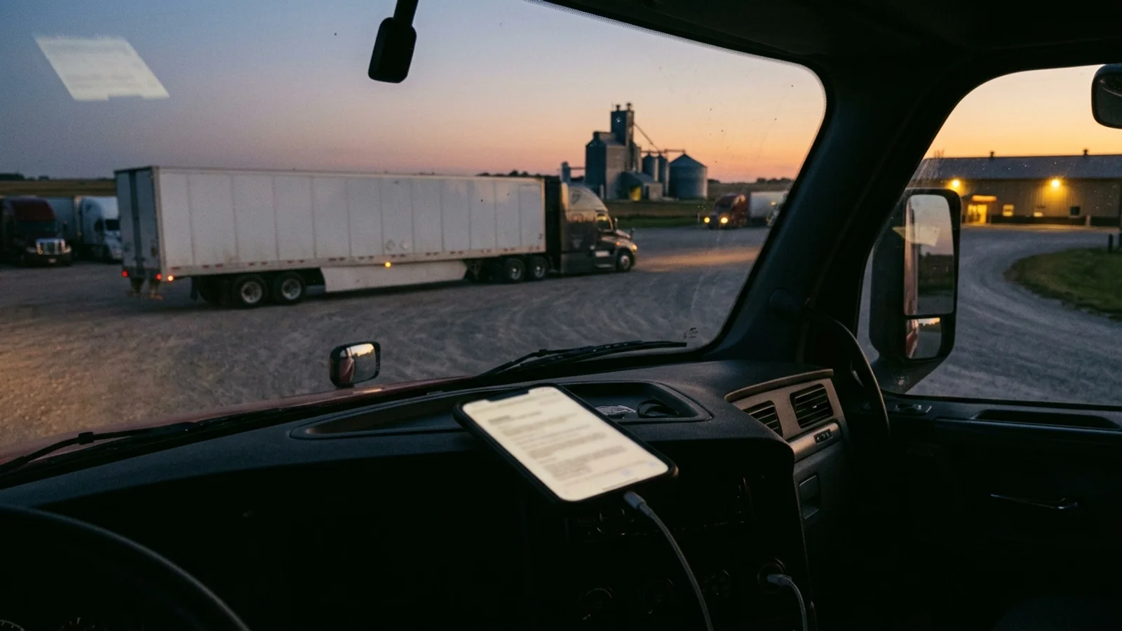 Dry van parked at a rural Illinois truck stop at dusk, phone on the dashboard