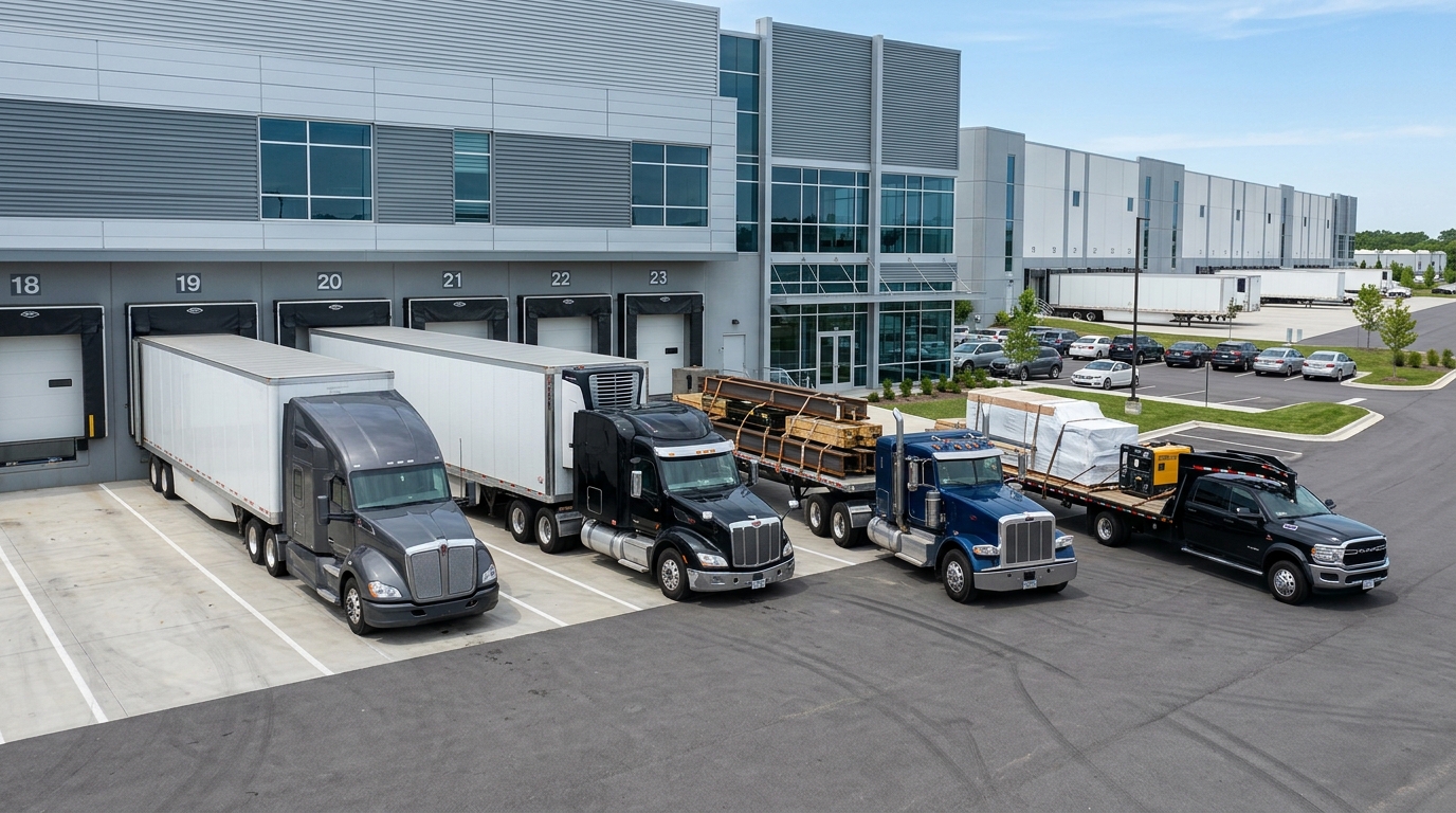 Fleet of semi truck equipment types including Dry Van, Reefer, Flatbed, Hotshot, Box Truck, and Step Deck lined up at a modern distribution center