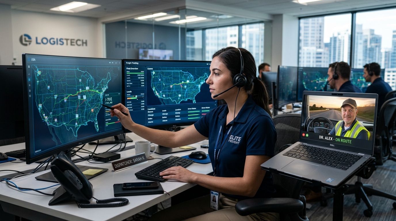 Modern freight dispatch center with an experienced dispatcher managing load boards and video calling a truck driver in transit