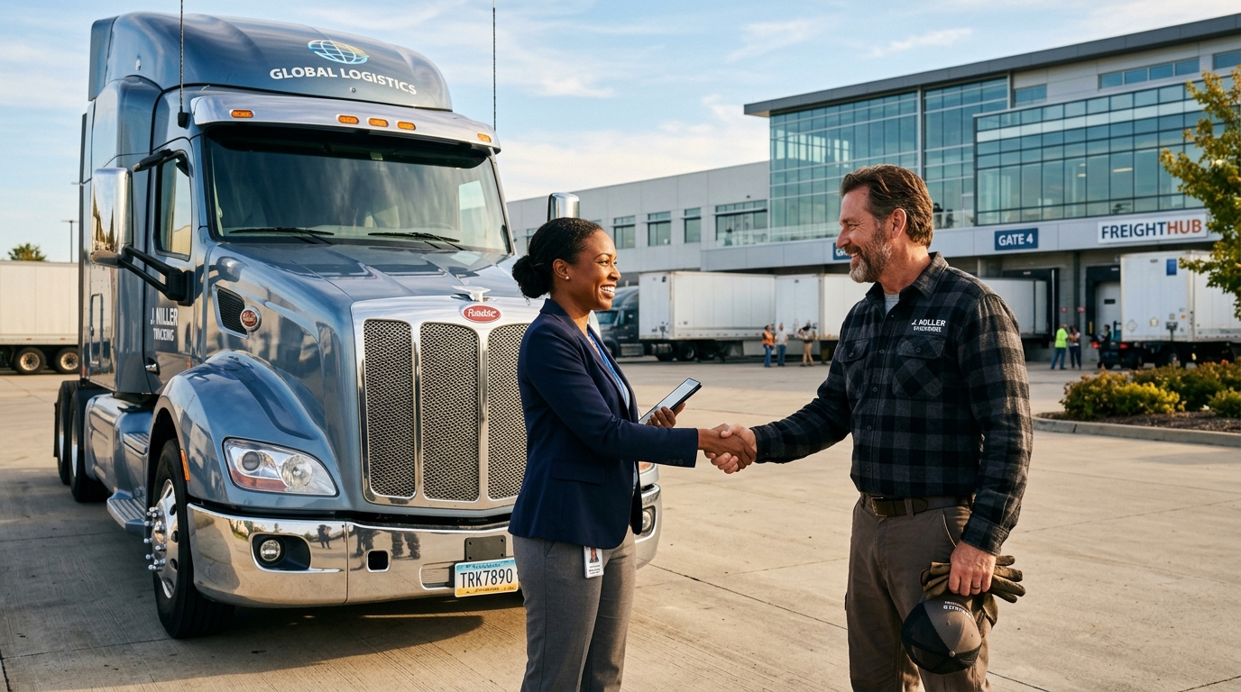 Professional logistics dispatcher shaking hands with a smiling truck owner-operator beside a clean semi truck outside a modern freight terminal