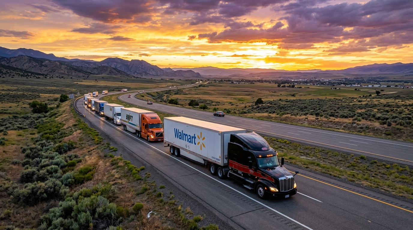 Cinematic aerial view of a convoy of semi trucks traveling along a Texas interstate highway during golden sunset