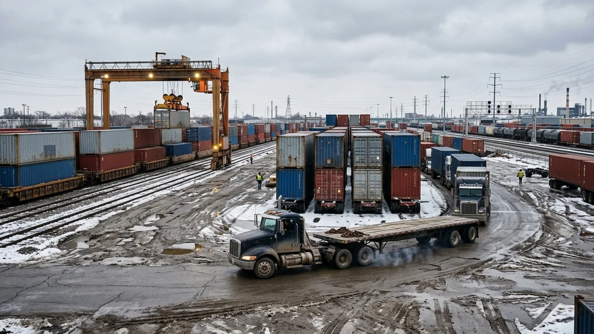 Intermodal rail yard with stacked containers in northern Illinois