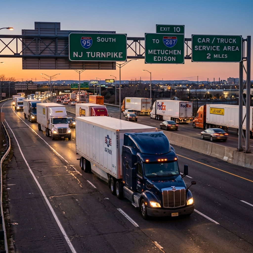 Commercial trucks traveling the New Jersey Turnpike freight corridor