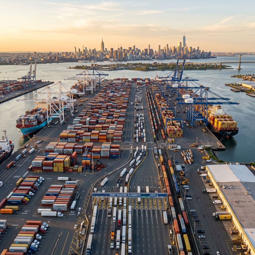 Aerial view of Port Newark-Elizabeth container terminal with trucks and cranes