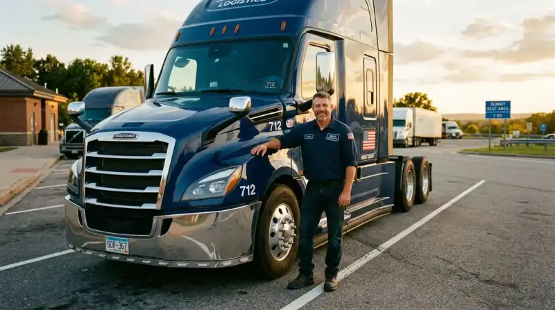 Confident truck owner-operator standing beside a modern semi truck ready for dispatch nationwide