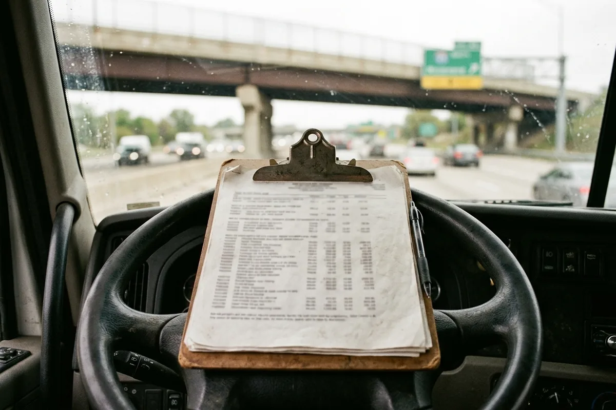 Clipboard of paperwork on a truck steering wheel with an Illinois interstate outside