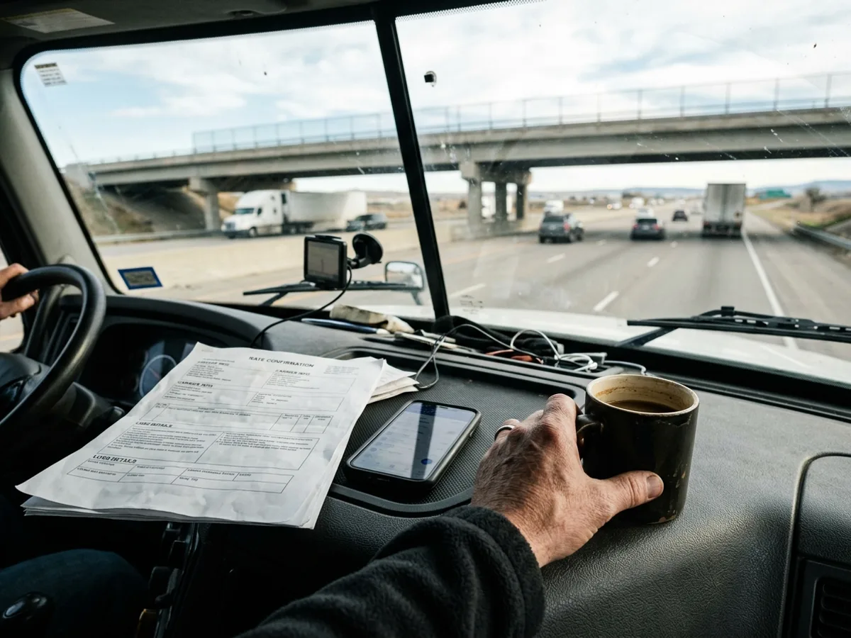 Rate confirmation and phone on a truck dashboard