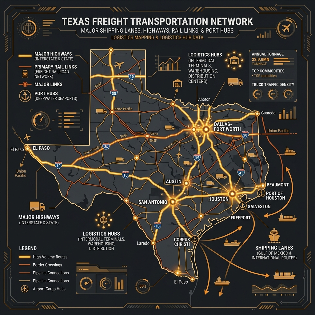 Texas freight corridors including I-35, I-45 and I-10