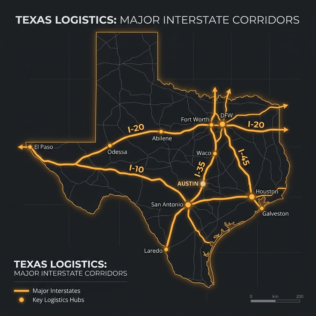 Major Texas freight corridors relevant to truck dispatch planning