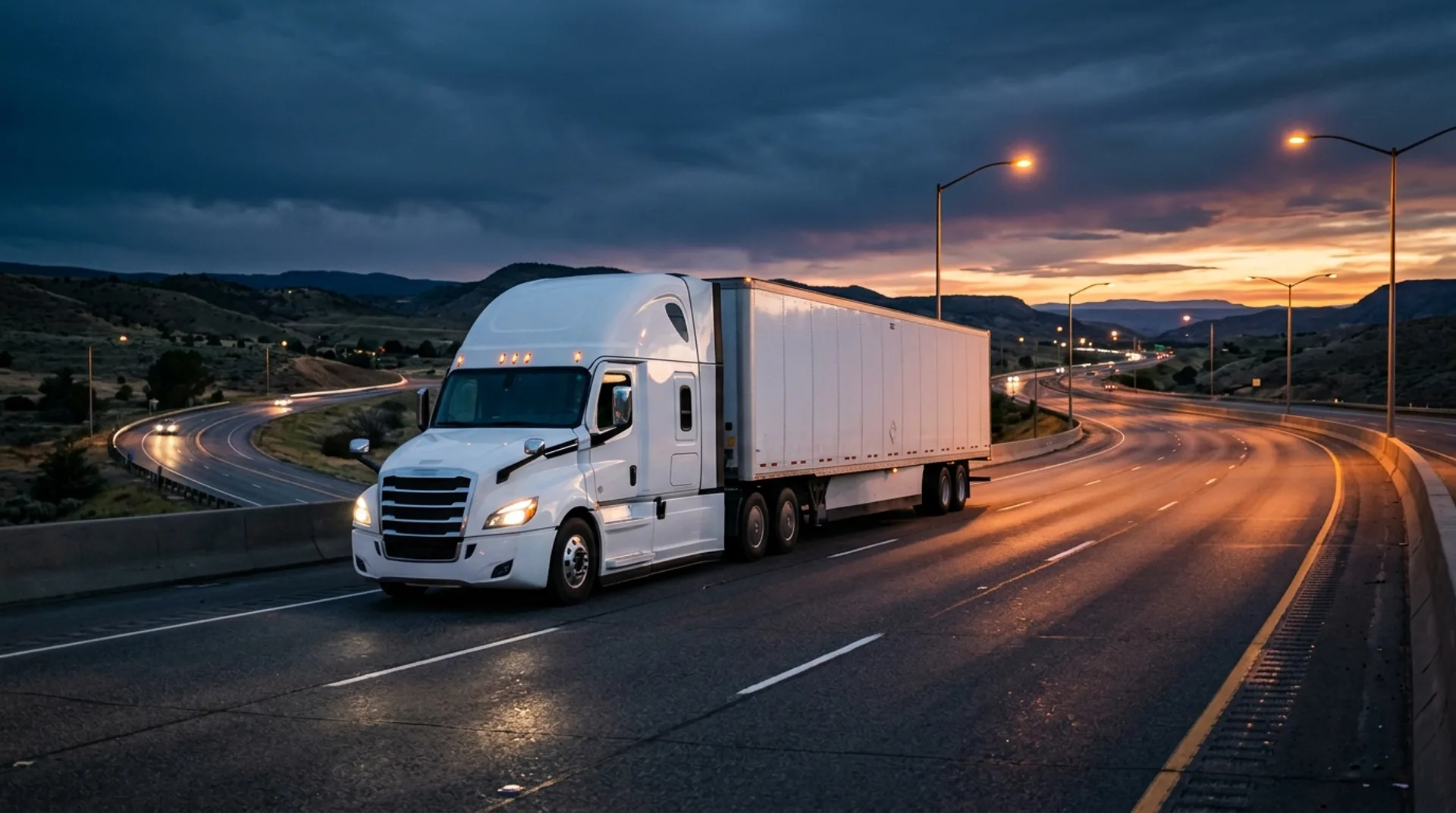 Modern Freightliner Cascadia semi-truck driving on open interstate highway at dusk with warm amber accents, representing owner-operator cost per mile calculation and load rate profitability